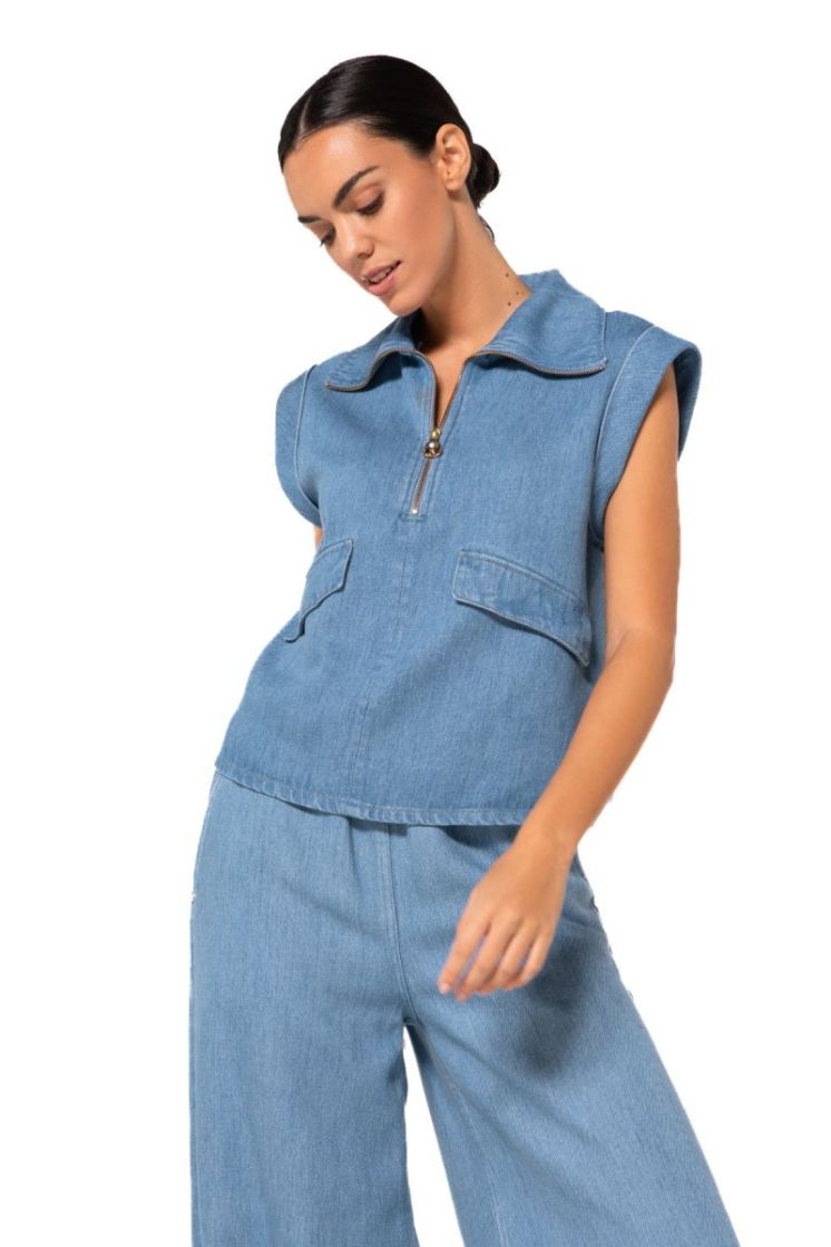 Denim top met kraagdetail 25 Crystal Blue