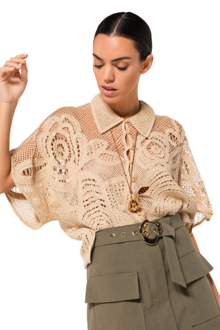 Gehaakte blouse met bloemenmot 36 Sable