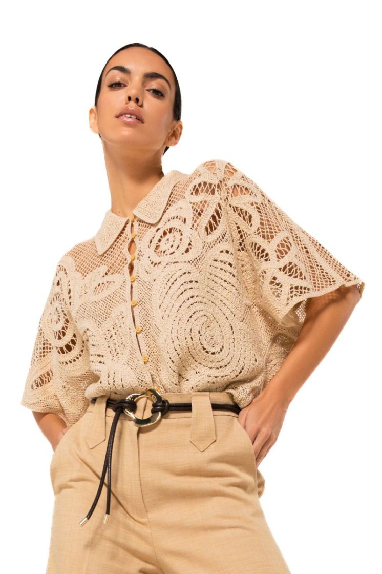 Gehaakte blouse met bloemenmot 36 Sable