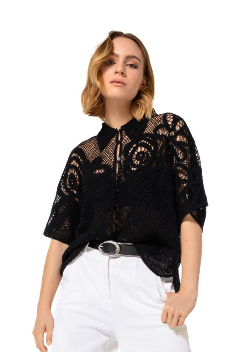 Gehaakte blouse met bloemenmot 10 Black