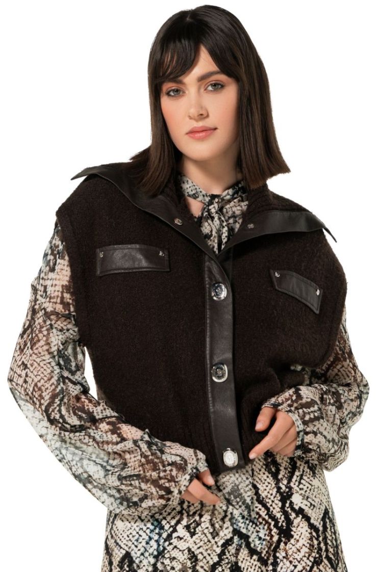 Cardigan trui met vegan leathe 30 Coffee
